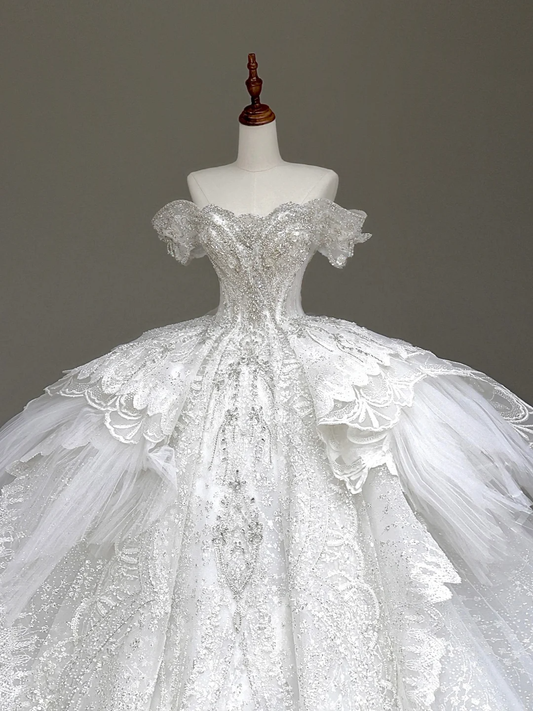 Prinzessin Brautkleid Ballkleid Weg Von Der Schulter Weiß Pailletten Perlen Brautkleider Winter Brautkleider DP875
