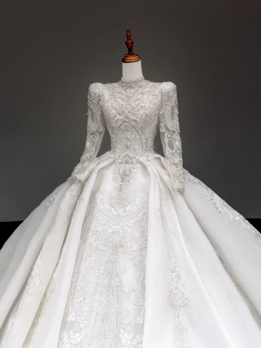 Prinzessin Brautkleid Ballkleid Hoher Ausschnitt Weiß Pailletten Perlen Brautkleider Winter Brautkleider DP880