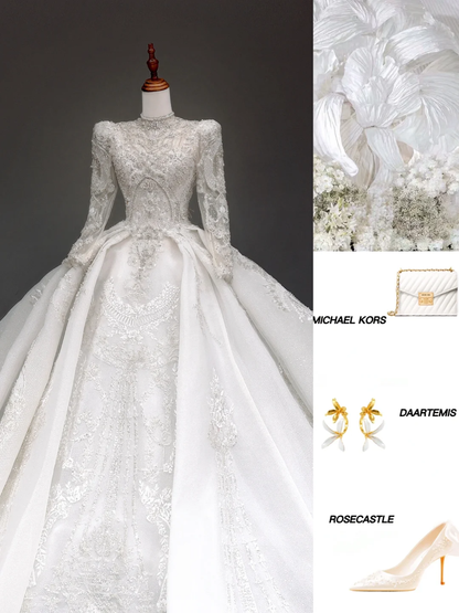 Prinzessin Brautkleid Ballkleid Hoher Ausschnitt Weiß Pailletten Perlen Brautkleider Winter Brautkleider DP880