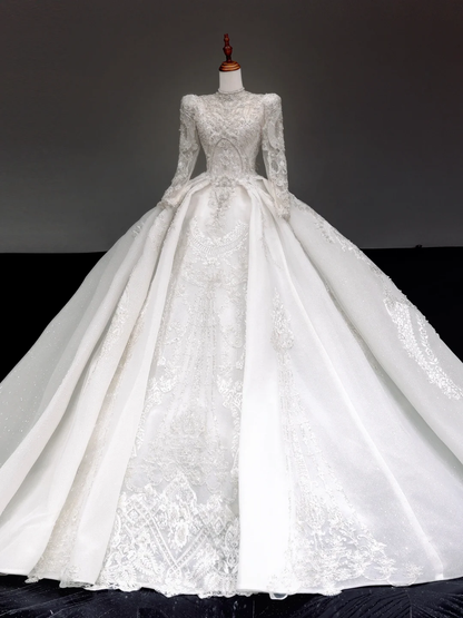 Prinzessin Brautkleid Ballkleid Hoher Ausschnitt Weiß Pailletten Perlen Brautkleider Winter Brautkleider DP880