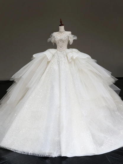 Prinzessin Brautkleid Ballkleid Weg Von Der Schulter Weiß Pailletten Perlen Brautkleider Winter Brautkleider DP886