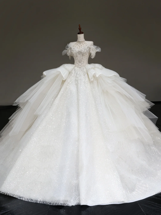 Prinzessin Brautkleid Ballkleid Weg Von Der Schulter Weiß Pailletten Perlen Brautkleider Winter Brautkleider DP886