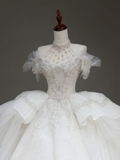 Prinzessin Brautkleid Ballkleid Weg Von Der Schulter Weiß Pailletten Perlen Brautkleider Winter Brautkleider DP886
