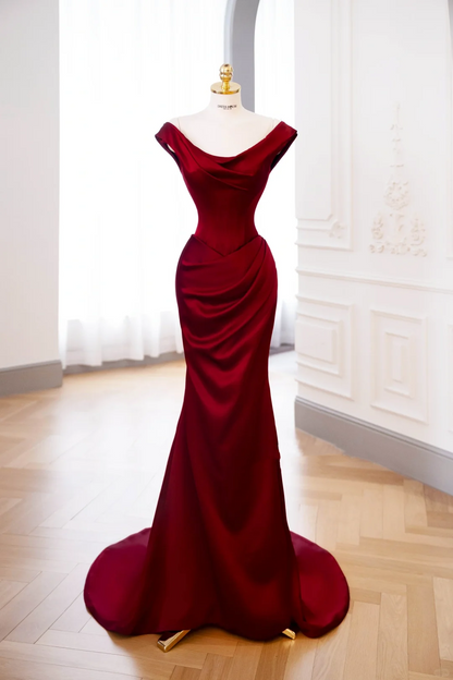 Classy Mermaid Burgundy Satin Long Evening Gowns Party Dress Evening Dresses DP898