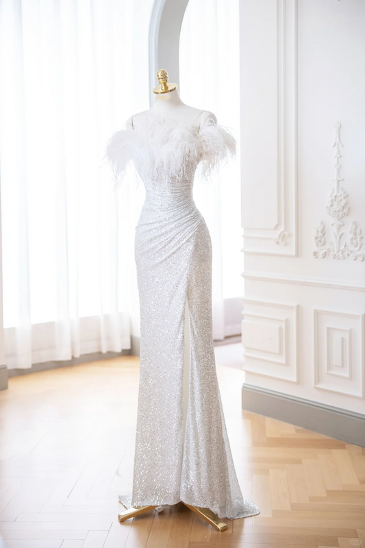 Classy Mermaid White Off The Shoulder Sequin Long Evening Gowns Party Dress Evening Dresses DP900