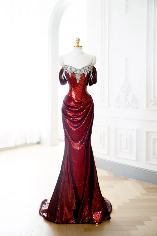 Classy Mermaid Burgundy Sequin Long Evening Gowns Party Dress Evening Dresses DP902