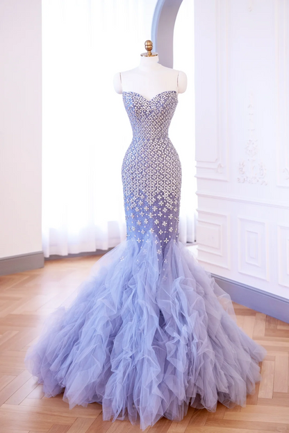 Classy Mermaid Lilac Sweetheart Tulle Beads Sequin Long Evening Gowns Party Dress Evening Dresses DP905