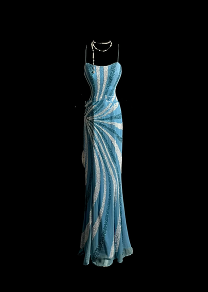 Vintage Mermaid Spaghetti Straps Blue Chiffon Long Prom Dress Party Dress Evening Dresses DP912