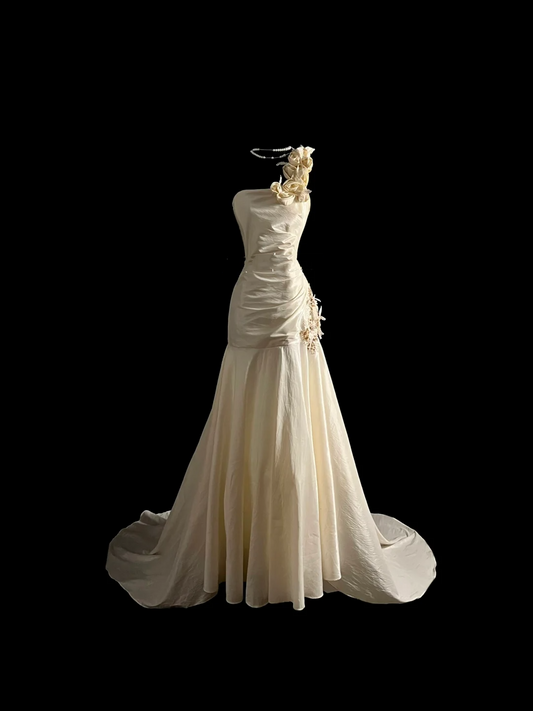 Robe de mariée vintage sirène asymétrique ivoire longue, robe de mariée minimaliste DP918