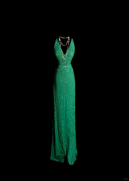 Vintage Mermaid V Neck Backless Green With Beads Long Prom Dresses Party Dress Evening Dress DP928