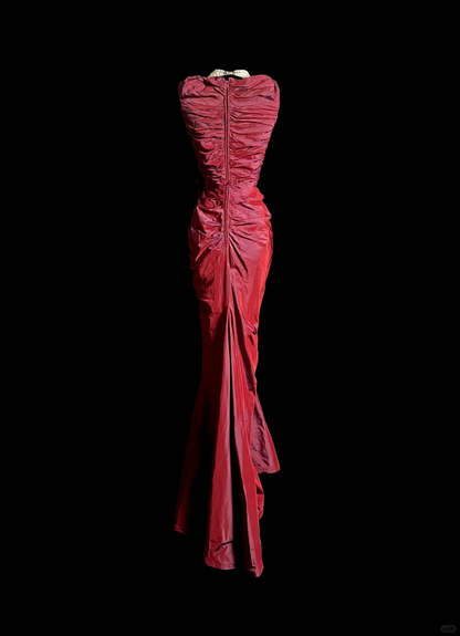 Vintage Mermaid Square Burgundy Taffeta Long Prom Dresses Evening Gowns Evening Dress DP931
