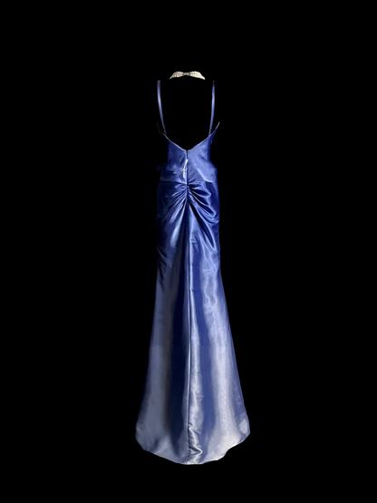 Vintage Mermaid Spaghetti Straps Satin Long Prom Dresses Ruffles Evening Gowns Evening Dress DP938