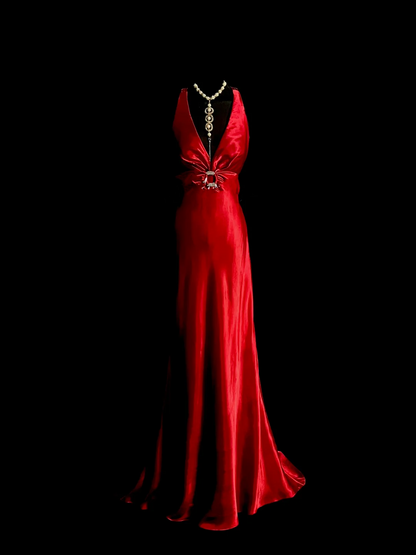 Vintage Mermaid V Neck Sleeveless Satin Long Prom Dresses Ruffles Evening Gowns Evening Dress DP939