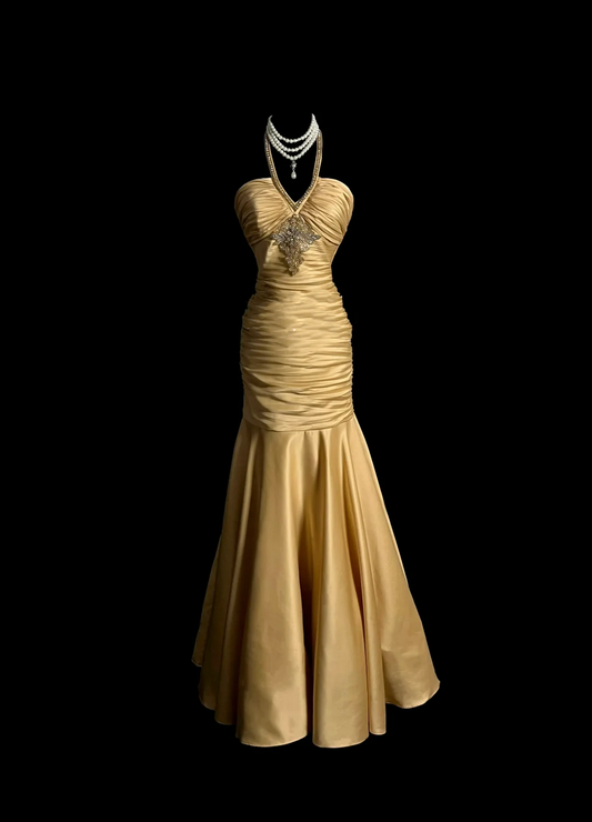 Vintage Mermaid Halter Sleeveless Satin Long Prom Dresses Ruffles Evening Gowns Evening Dress DP940