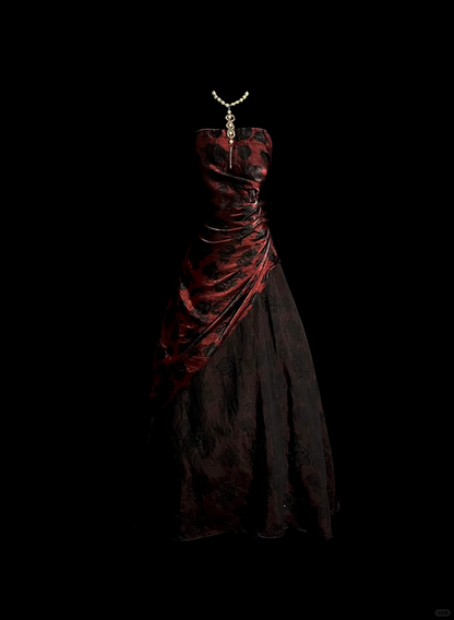 Retro Ball Gown Strapless Burgundy Floral Tulle Long Prom Dresses Evening Gowns Evening Dress DP944
