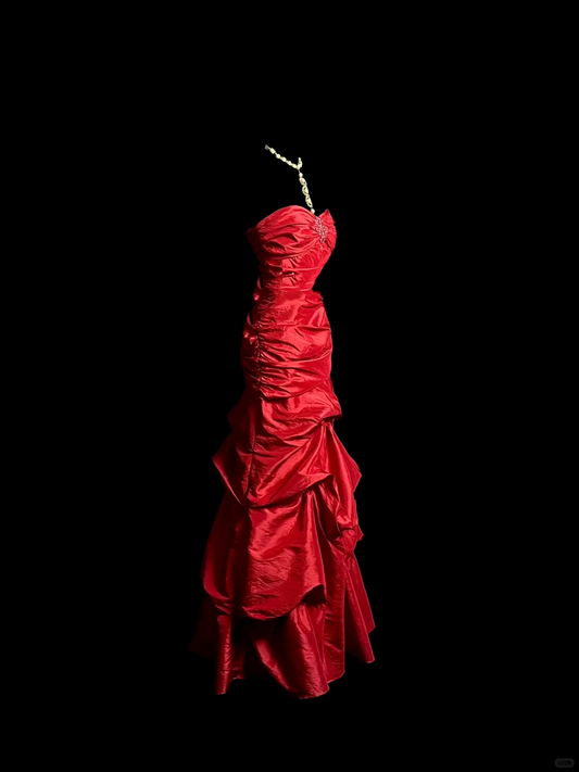 Vintage Mermaid Sweetheart Red Satin Long Prom Dresses Ruffles Evening Gowns Evening Dress DP945