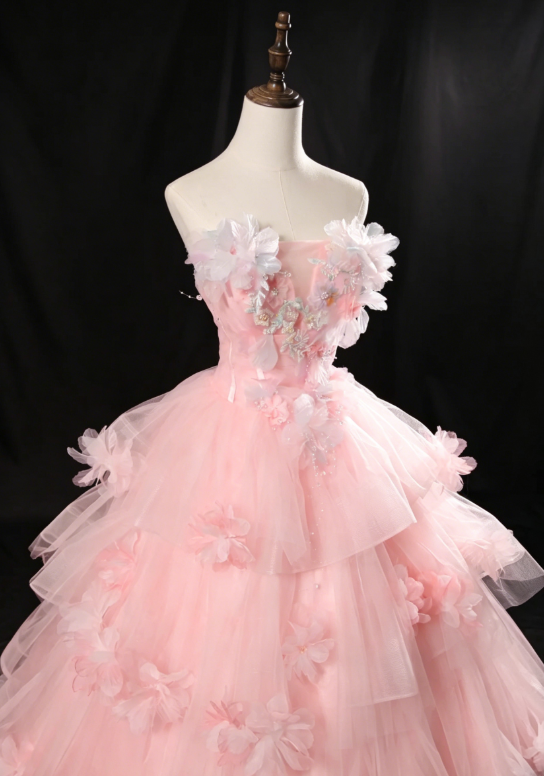 Fairy Strapless Ball Gown Long Quinceanera Dress Tulle Applique Birthday Dress Pink Sweet 16 Dress DQ002