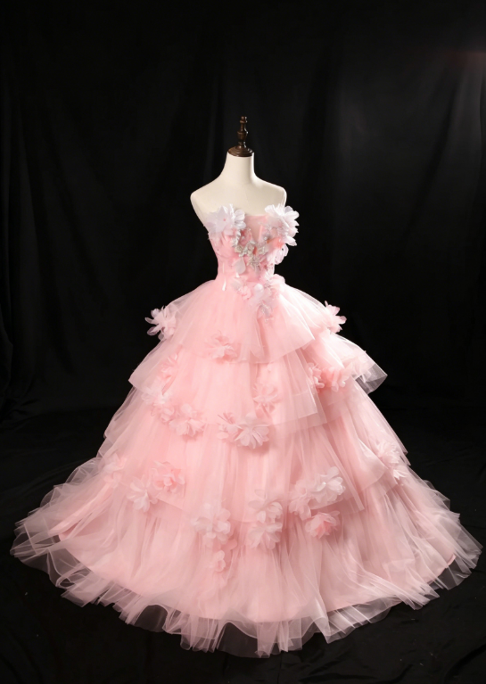 Fairy Strapless Ball Gown Long Quinceanera Dress Tulle Applique Birthday Dress Pink Sweet 16 Dress DQ002