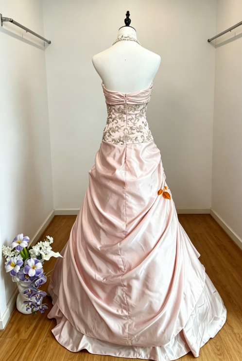Chic Pink Prom Dress Strapless A-Line Satin Beaded Long Evening Dress DQ007