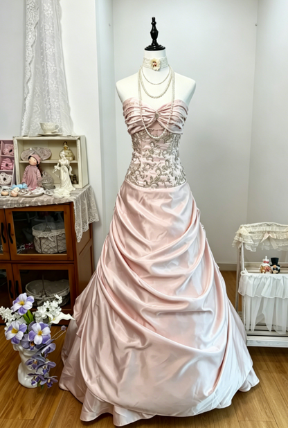 Chic Pink Prom Dress Strapless A-Line Satin Beaded Long Evening Dress DQ007