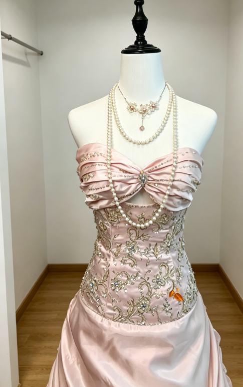 Chic Pink Prom Dress Strapless A-Line Satin Beaded Long Evening Dress DQ007