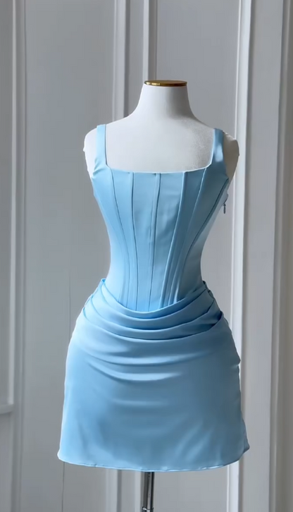 Chic Blue Short Prom Dress Strapless Birthday Dress Sheath Satin Graduation Party Dress DQ010