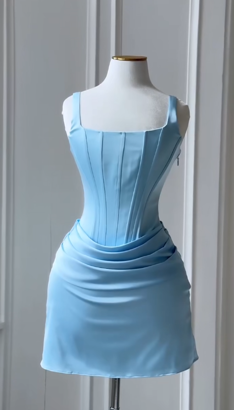 Chic Blue Short Prom Dress Strapless Birthday Dress Sheath Satin Graduation Party Dress DQ010