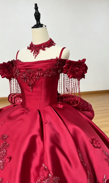 Chic Burgundy Sweet 16 Dress Satin Off-shoulder Ball Gown Quinceacera Dress DQ012
