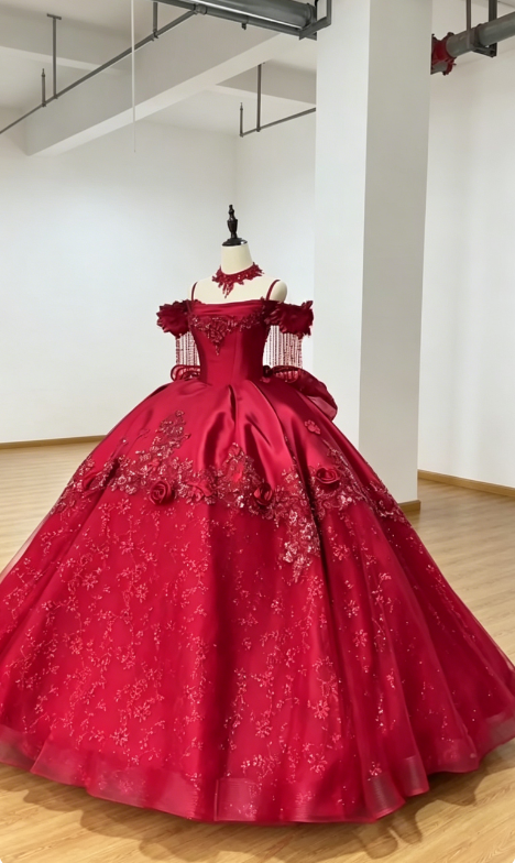 Chic Burgundy Sweet 16 Dress Satin Off-shoulder Ball Gown Quinceacera Dress DQ012
