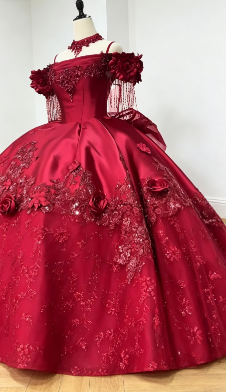 Chic Burgundy Sweet 16 Dress Satin Off-shoulder Ball Gown Quinceacera Dress DQ012