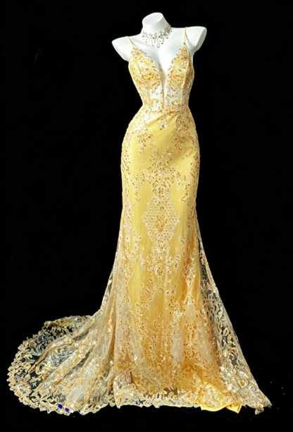 Chic Yellow Prom Dress  Spaghetti Strapless Sheath Tulle Appliques Long Evening Dress DQ013