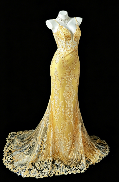 Chic Yellow Prom Dress  Spaghetti Strapless Sheath Tulle Appliques Long Evening Dress DQ013