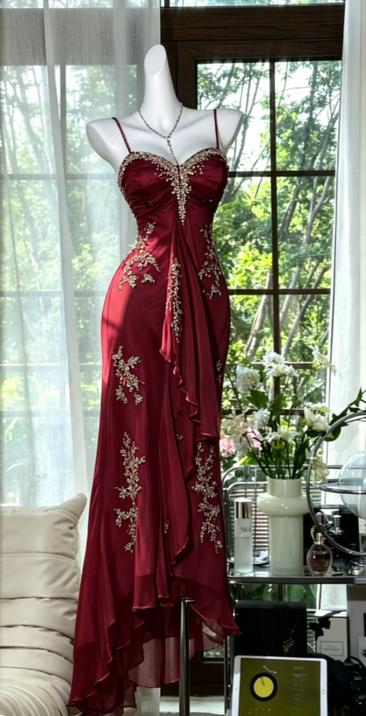 Chic Burgundy Prom Dress Spaghetti Strapless Sheath Chiffon Beaded Long Evening Dress DQ014