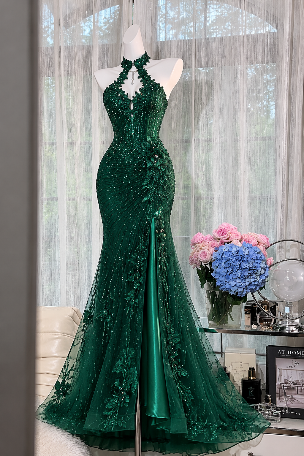 Chic Dark Green Prom Dress Halter Mermaid Tulle Beaded Long Evening Dress DQ015
