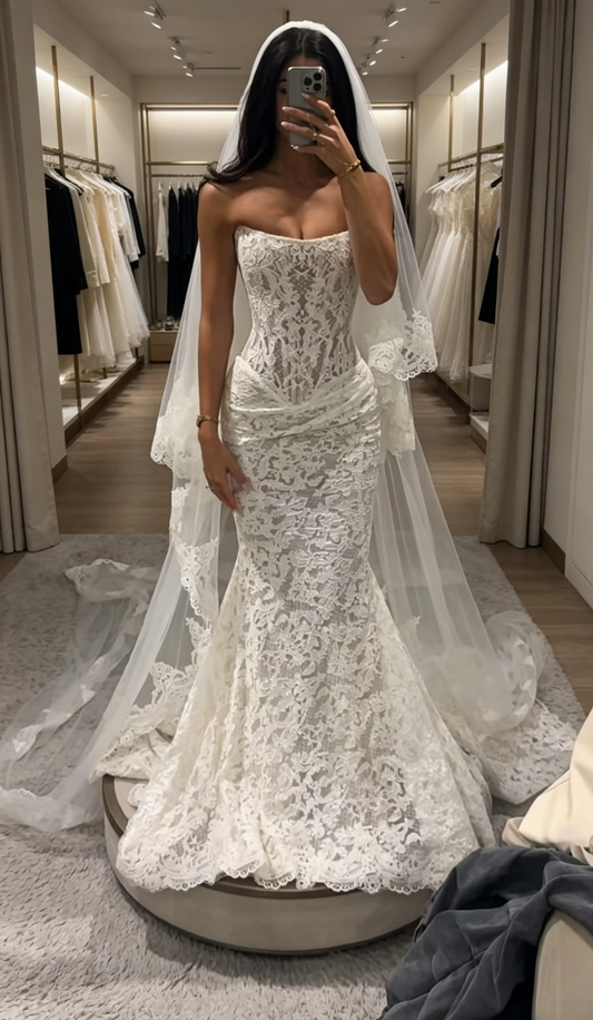 Elegante weiße Meerjungfrauen-Brautkleider, trägerloses Spitzen-Brautkleid, ärmelloses Hochzeitskleid DW08888