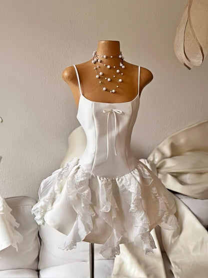 Simple A line Spaghetti Straps White Short Satin Formal Homecoming Dresses Party Graduation Dress Hoco Dresses DH2754