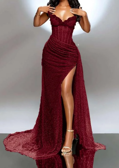 Sexy Beaded Neckline Long Sequined Mermaid Slit Evening Dress Birthday Outfits Party Dress Formal Dress DP253