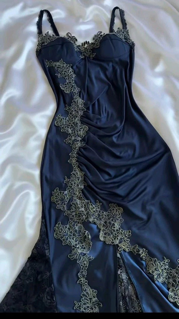 Classy Bodycon Mermaid Straps Long Navy Blue Lace Prom Dress Party Dresses Graduation Dresses DP512