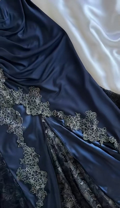 Classy Bodycon Mermaid Straps Long Navy Blue Lace Prom Dress Party Dresses Graduation Dresses DP512