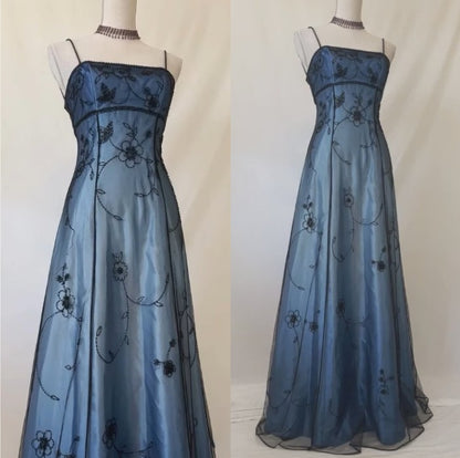 Elegant Spaghetti Straps Imperial Long Prom Dresses Satin Chiffon Beaded Blue Evening Dresses Sleeveless Formal Dresses DP04078