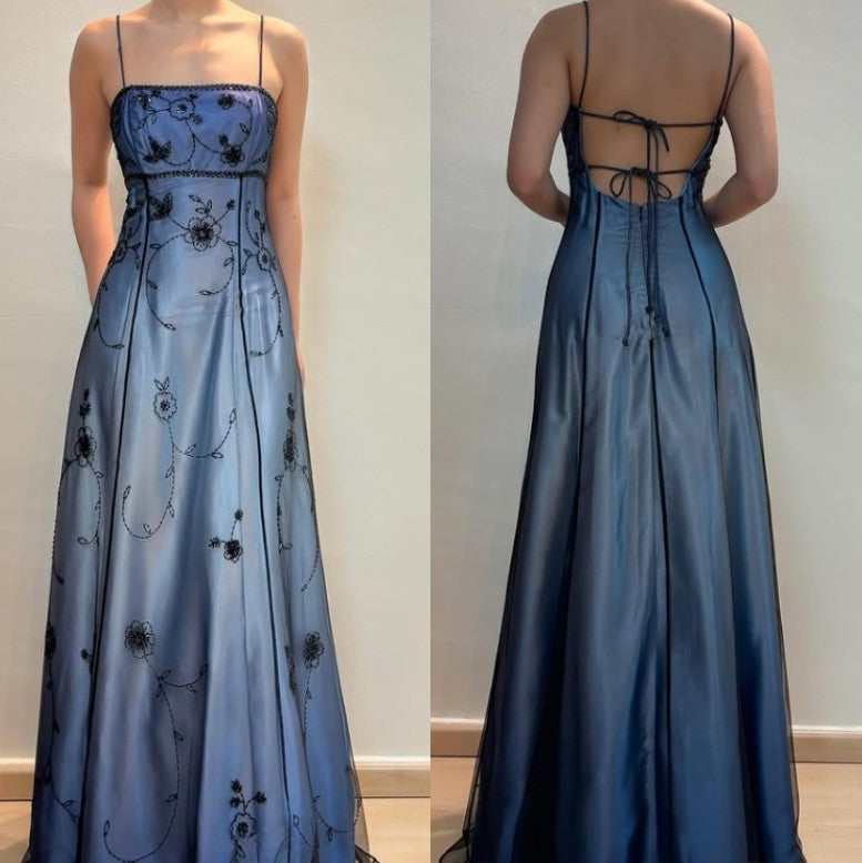 Elegant Spaghetti Straps Imperial Long Prom Dresses Satin Chiffon Beaded Blue Evening Dresses Sleeveless Formal Dresses DP04078