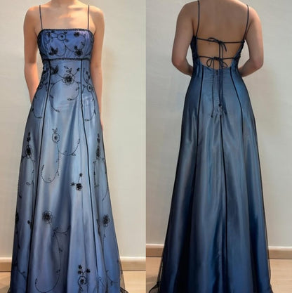 Elegant Spaghetti Straps Imperial Long Prom Dresses Satin Chiffon Beaded Blue Evening Dresses Sleeveless Formal Dresses DP04078