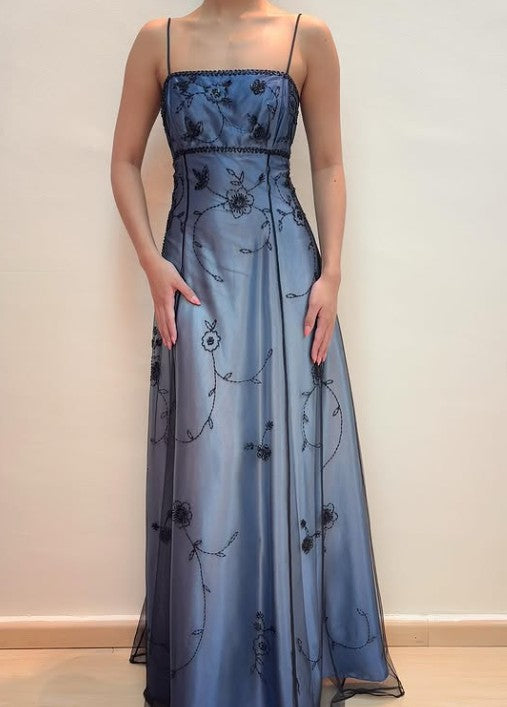 Elegant Spaghetti Straps Imperial Long Prom Dresses Satin Chiffon Beaded Blue Evening Dresses Sleeveless Formal Dresses DP04078