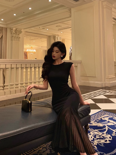 Sexy Meerjungfrau-U-Ausschnitt, schwarzes Kleid zum 21. Geburtstag, Urlaubsparty, Geburtstags-Outfits für Frauen, DP0176