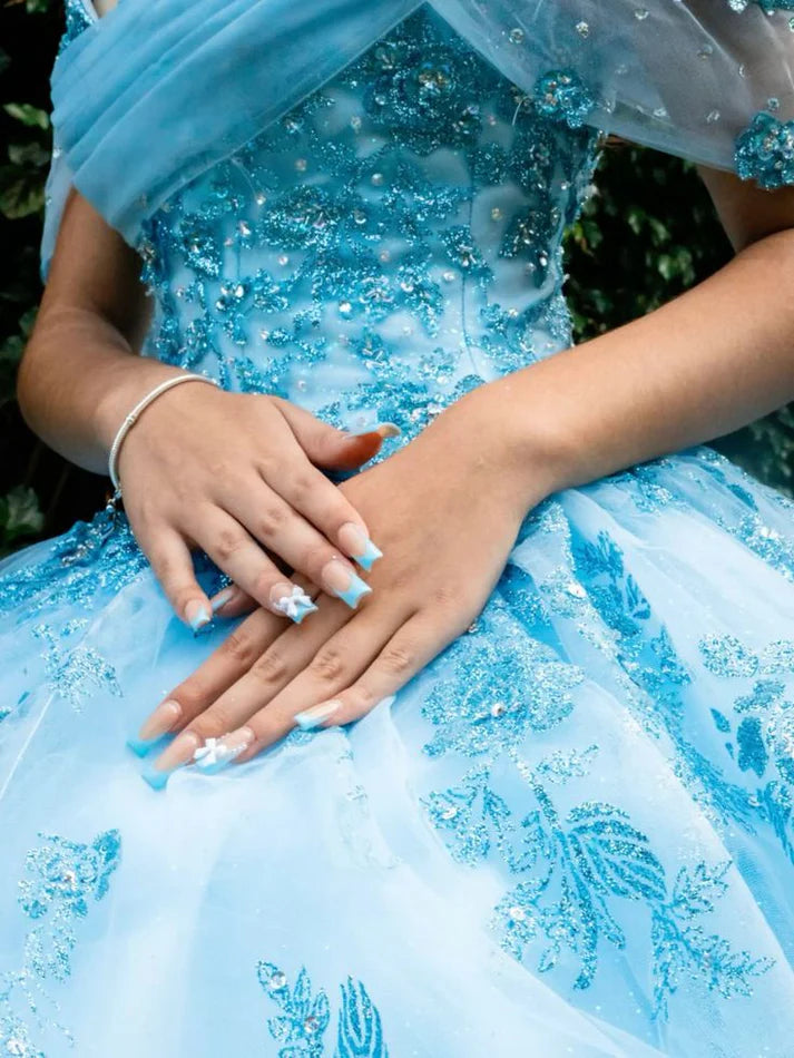 Modest Ball Gown Off The Shoulder Blue Tulle Lace Long Quinceanera Dress Formal Gowns Vestido De 15 Anos Sweet 16 Dress H1854