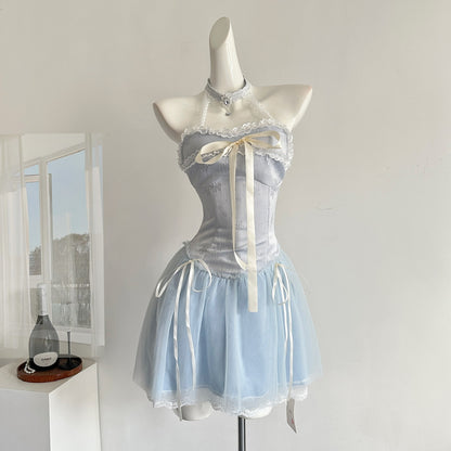 Sexy A line Halter Blue Min Summer Dress Holiday Party Homecoming Dress Birthday Outfits For Teens DP1401
