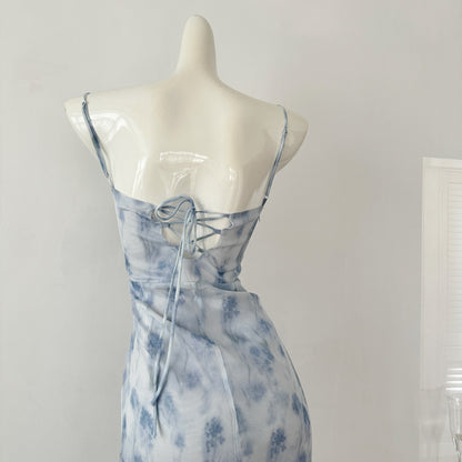 Robe de déesse en mousseline de soie, longue et courte, style romantique d'été bleu, col licou, pour femme, DP0007