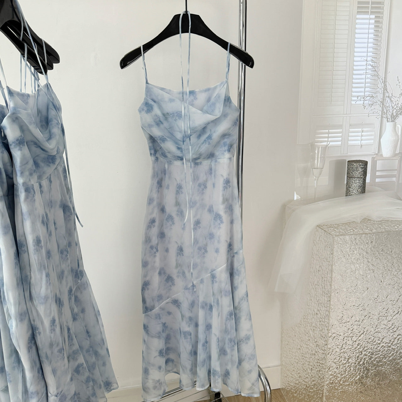 Robe de déesse en mousseline de soie, longue et courte, style romantique d'été bleu, col licou, pour femme, DP0007