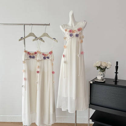 Cute A Line Spaghetti Straps Floral White Chiffon Summer Dress Holiday Party Outfits For Girls DP0130