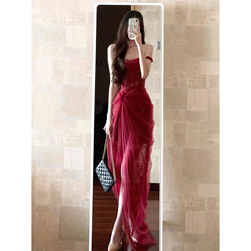 Vintage Sheath Off The Shoulder Lace Burgundy 22th Birthday Dress Party Dress Cute Evening Outfits DH2443